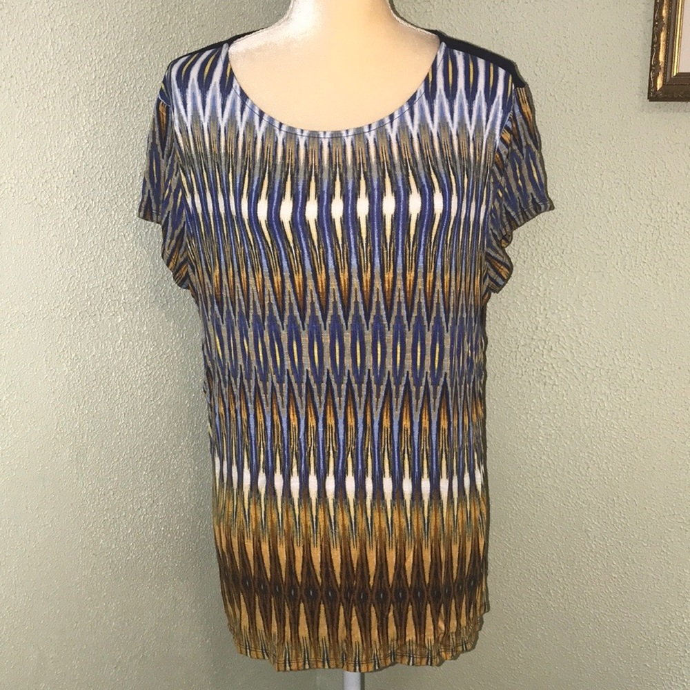 Dressbarn Blue & Gold Abstract T-Shirt Size XL